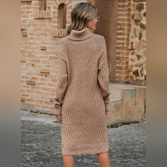 New Boho Chevron Knit Turtleneck Sweater Dress Camel Tan Beige - Picture 4 of 7
